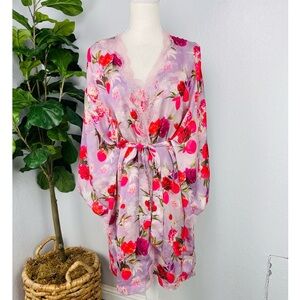 Victoria’s Secret Pink Floral Lace Satin Robe + Cami Set